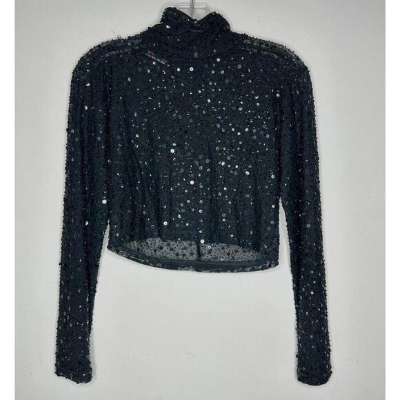Dyspnea Sheer Black Sequin Mesh Mock Neck Long Sleeve Crop Top Hand Beaded Small - Picture 2 of 11